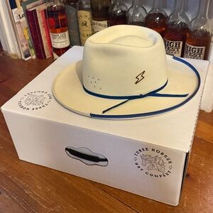Cream Cowboy Hat with Blue Trim. Three Horses Hat Co, Nashville.
